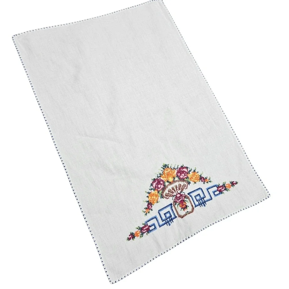 Vintage Cross Stitch Embroidered Floral Linen‎ Tea Towel Asian Cottagecore
